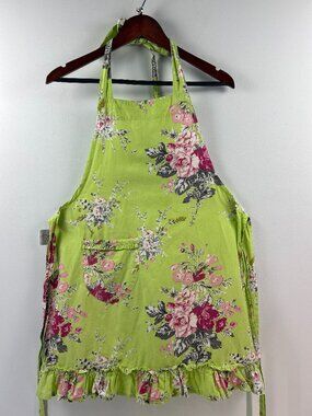 Williams Sonoma Green Floral Ruffle Cotton Kitchen Apron